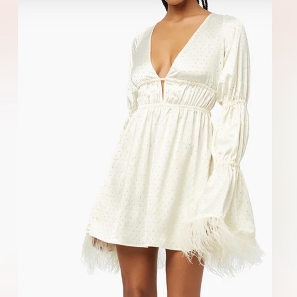 Ivory WeWoreWhat Feathered Mini Dress jeweled open back sz.XL Like New - Picture 3 of 7